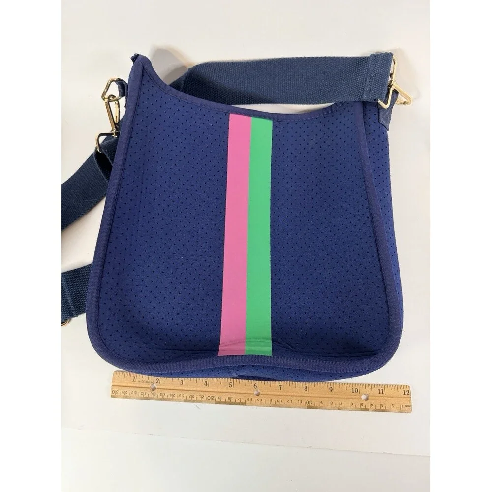 AHDORNED Classic Stripe Messenger Crossbody Bag Navy Perforated Neoprene Preppy